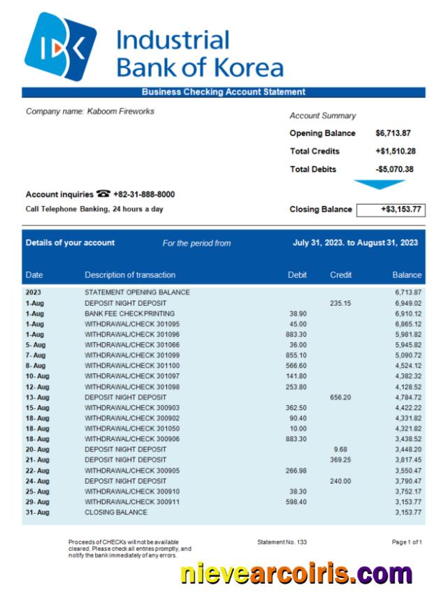 Industrial Bank of Korea business statement